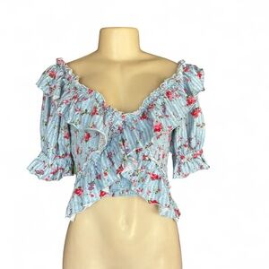 FP Movement by Free People Light Blue Floral Ruffle Off-Shoulder Crop Top